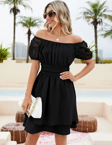 Vista 4 de KOJOOIN Vestidos de playa de verano con cuello redondo y manga corta para mujer, estilo casual, mini lunares suizos, cintura fruncida, dobladillo
