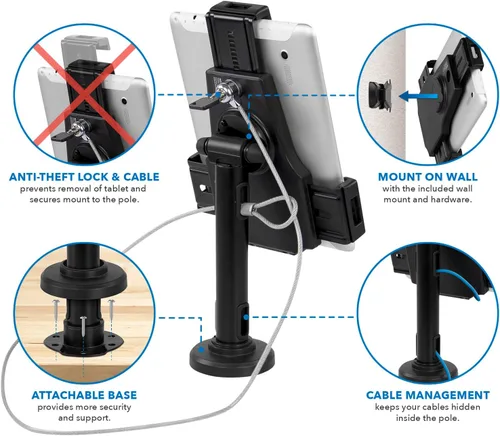 Vista 6 de Mount-It! Soporte universal para quiosco POS para tablet con bloqueo de cable y soporte de montaje en pared, abrazadera ajustable para tabletas