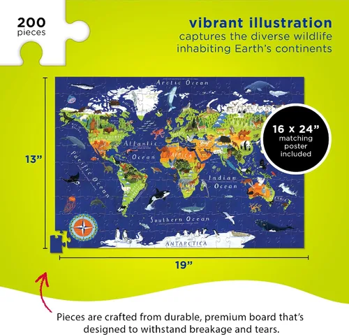 Vista 3 de Rompecabezas de 200 piezas del mapa del mundo y cartel a juego de Crocodile Creek.