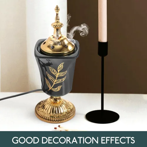 Vista 5 de VOSAREA Quemador de incienso eléctrico de estilo árabe, quemador de incienso eléctrico de mesa, incensario decorativo de mesa para incienso de Negro