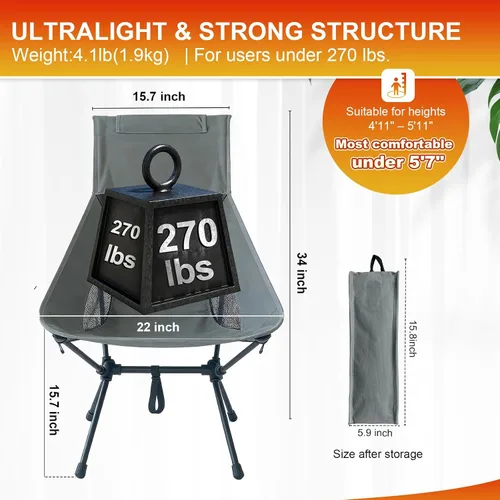 Vista 2 de IEJ Silla de camping ultraligera con respaldo alto, silla plegable portátil con pies antideslizantes resistentes a la abrasión, soporta hasta 270