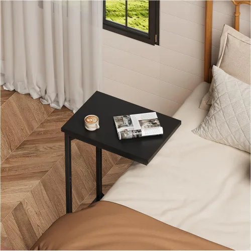 Vista 8 de Mesa auxiliar en forma de C, mesa auxiliar para sofá, mesa de sofá pequeña con marco de metal para sala de estar, dormitorio, sándalo negro