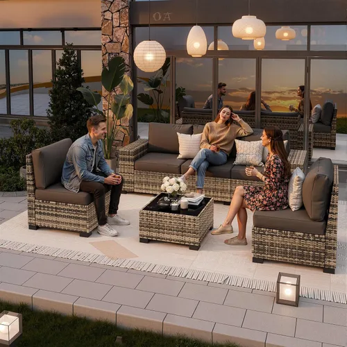 Vista 2 de Juego de muebles de patio, sofá modular de 6 piezas para exteriores con Amarillo-gris oscuro
