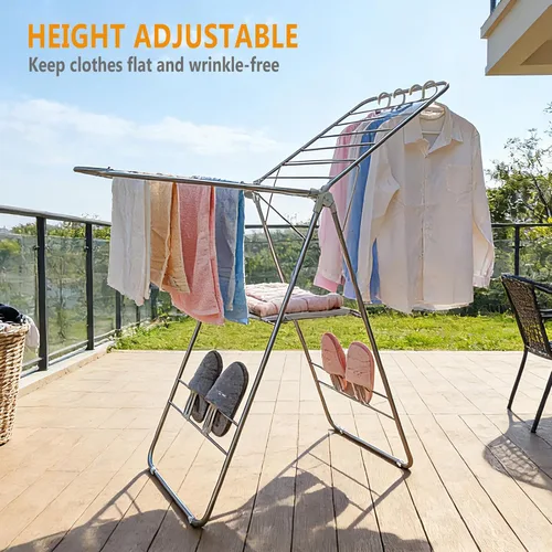 Vista 5 de Tendedero plegable de altura ajustable, gran espacio, estante de lavandería alado con clips para calcetines para colgar toallas, ropa, ropa de cama