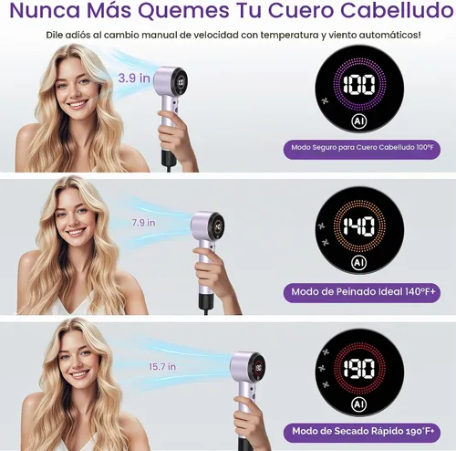 Vista 2 de Secador de pelo iónico con sensor de ajuste automático, secador de pelo AI con difusor magnético, secador de pelo de alta velocidad de 160000 RPM