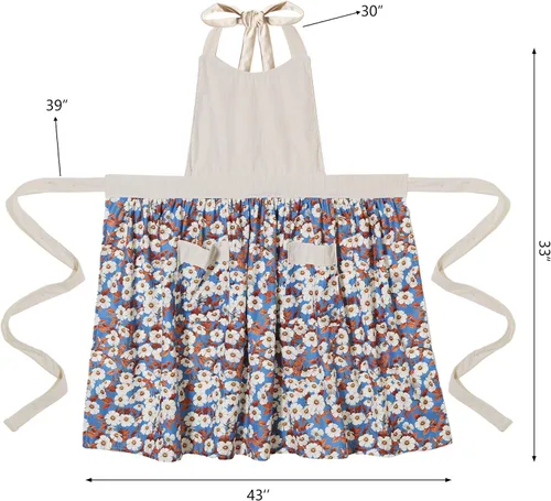 Vista 6 de Bonitos delantales florales para mujer con bolsillos, delantal de algodón ajustable con correa para el cuello para cocina, cocina, hornear