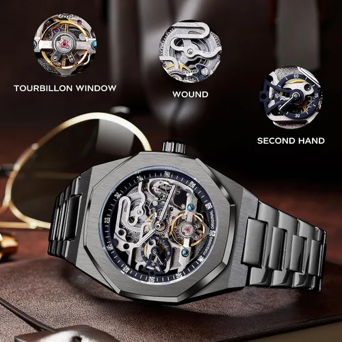 Vista 3 de FORSINING Reloj Vintage para Hombres Grabado Automático de Cuerda Automática Mecánico Esfera Grande Luminosa Fase Lunar Dorado Hueco Patrón de Negro
