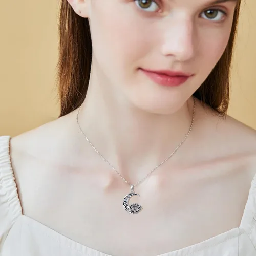 Vista 2 de JERWLI Collar de flor de loto de plata de ley 925 con colgante de luna de loto, joyería para mujer, Plata esterlina, No es una piedra preciosa