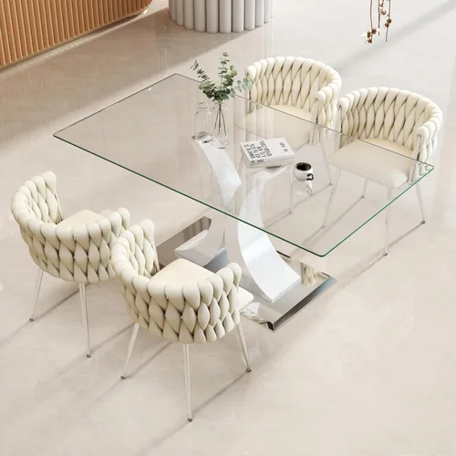 Vista 17 de Juego de comedor moderno de vidrio de lujo de 5 piezas, juego de cena rectangular minimalista grande para 4, juego de mesa de cocina de vidrio