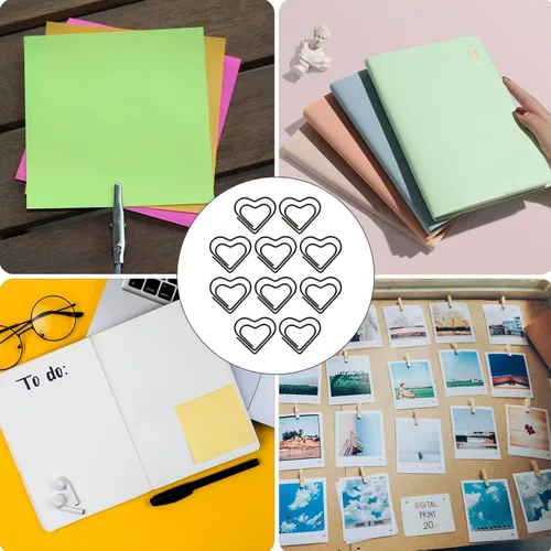Vista 6 de 100 mini clips de papel, bonitos clips de papel de corazón, clips de papel de metal de acero inoxidable, pequeños marcadores para clasificar