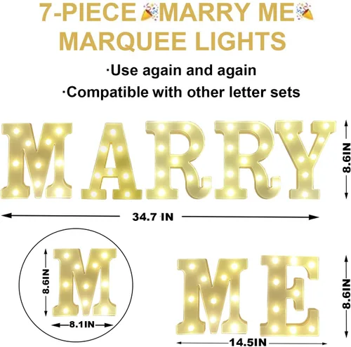 Vista 2 de JUICYRAUL 7 luces LED de marquesina Marry Me - Letras iluminadas para propuestas románticas, bodas y letreros de compromiso