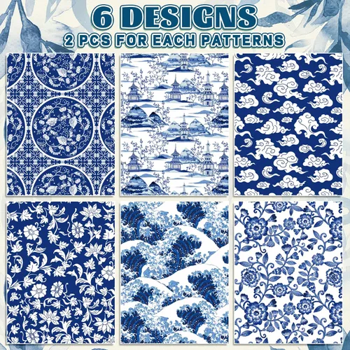 Vista 3 de Whaline 12 hojas de papel de regalo chinoiserie azul de 19.7 x 27.6 pulgadas, papel de regalo floral de porcelana de paisaje chino clásico, papel