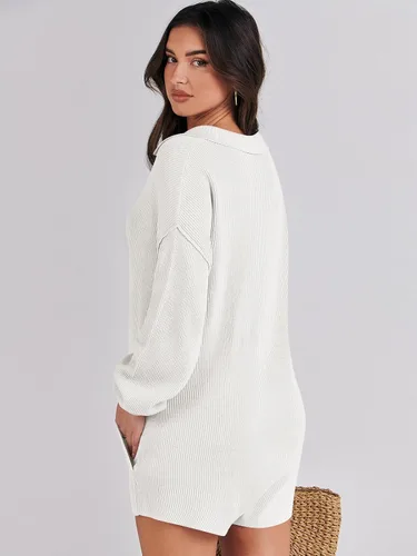 Vista 5 de ANRABESS Enterizo de suéter para mujer, trajes de otoño 2023, a la moda, largo, Henley, cuello en V, overol de punto para descansar