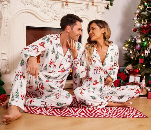 Vista 2 de Ekouaer - Conjunto de pijama de manga larga y botones, motivos navideños a juego para la familia, tallas de la S a la XXL
