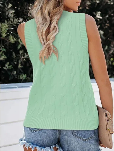 Vista 2 de Fisoew Chaleco de punto vintage sin mangas con cuello en V para mujer, estilo preppy casual