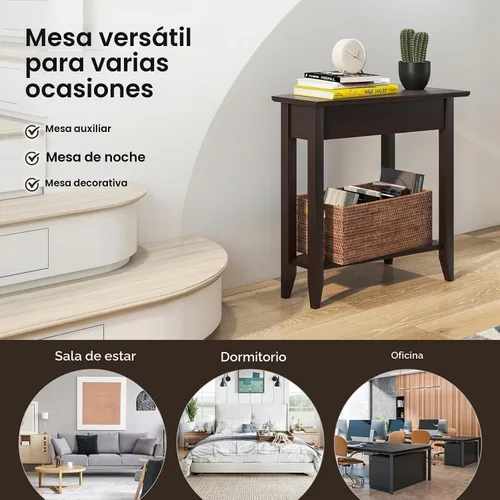 Vista 8 de GOFLAME Mesa auxiliar de cuña de 2 niveles, mesa auxiliar triangular estrecha con estante de almacenamiento, patas de madera maciza, mesita