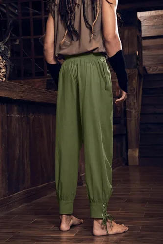 Vista 4 de Pantalones de tobillo medievales para hombre, disfraz de pirata vikingo, renacentista, con cordones, con bandas cónicas