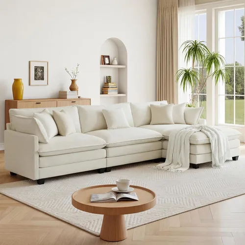 Vista 13 de KISLOT Sofá modular modular de gran tamaño de 74.4 pulgadas con 4 almohadas Sofá nube, cojines dobles, asientos profundos, sala de estar Arena