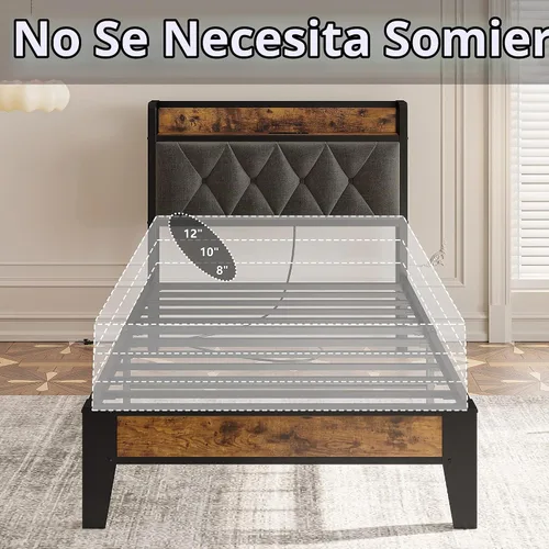 Vista 8 de ANCTOR Base de cama tamaño individual, cabecera tapizada capitonada con almacenamiento integrado y tomas de corriente, marco de metal resistente