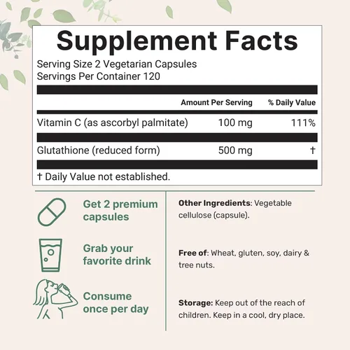 Vista 2 de Micro Ingredients Glutatión de 500 mg con suplemento de vitamina C de 100 mg, 240 cápsulas vegetales Glutatión reducido + complejo de palmitato