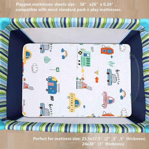 Vista 3 de Padded Pack n Play Sheets - Protector de colchón transpirable y grueso, acolchado de 38 x 26 pulgadas, sábana bajera ajustable para Graco, mini