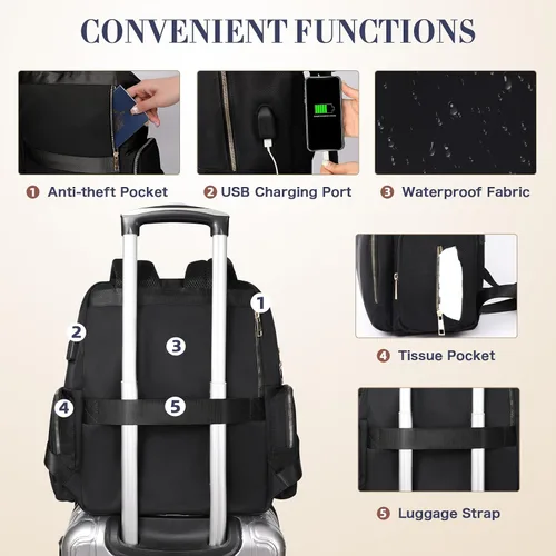 Vista 4 de Mochila para pañales de viaje con cambiador, 17 bolsillos, bolsillos aislados, puerto de carga USB, artículos esenciales para baby shower
