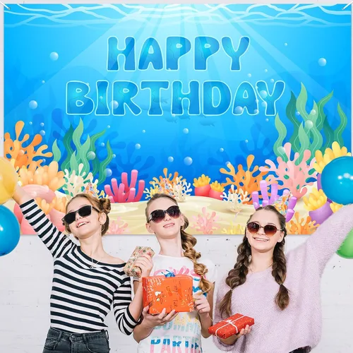 Vista 5 de Cartel de feliz cumpleaños bajo el mar, telón de fondo de animales del océano bajo el mar, decoración temática para niños y niñas, fiesta de primer