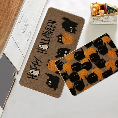 Vista 4 de Juego de 2 tapetes de cocina de Halloween, diseño de calabazas de gato negro, tapete de fiesta de granja de Halloween para decoración de cocina