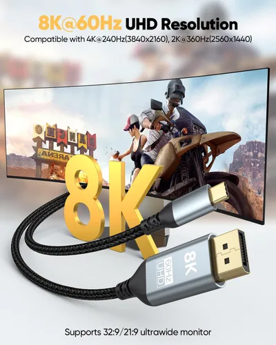 Vista 2 de Cable USB C a DisplayPort 1.4 de 1 pie, 8K a 60 Hz, cable corto USBC a DisplayPort 1.4 4K a 240 Hz compatible con Thunderbolt 5/4/3, MacBook