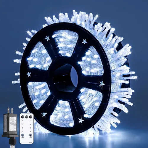 Vista 26 de JMEXSUSS 150 luces LED azules de Navidad para interiores y exteriores, luces de cadena conectables de 59 pies con enchufe, 8 modos de luces de hadas
