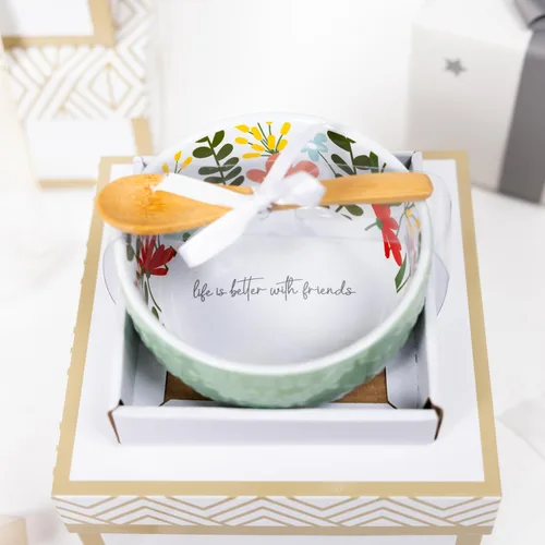 Vista 4 de Pavilion Gift Company - Friends - Juego de cuencos y cucharas florales de 11 oz y 4.25 pulgadas - Apreciación familiar sentimental inauguración