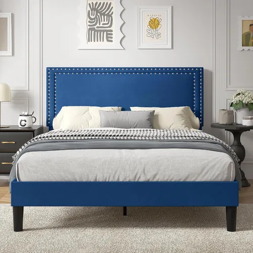 Vista 160 de VECELO Base de cama de plataforma de tamaño individual con cabecera tapizada de altura ajustable, base de colchón moderna, soporte de listones
