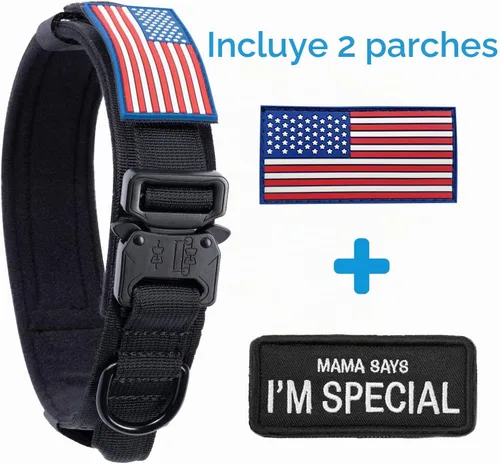 Vista 2 de Collar táctico para perro con bandera estadounidense de Estados Unidos, collar militar grueso con asa, collar de nailon resistente K9, hebilla