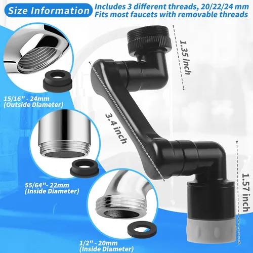 Vista 2 de Extensor de grifo giratorio de 1080° con 2 funciones, extensión de fregadero giratoria resistente, brazo robótico giratorio universal, extensión