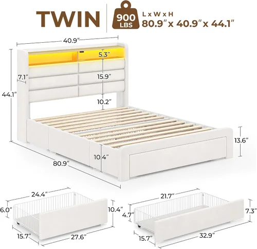 Vista 2 de Seventable Base de cama de tamaño individual con 3 cajones de almacenamiento y estación de carga, cama de plataforma tapizada con cabecera de Blanco