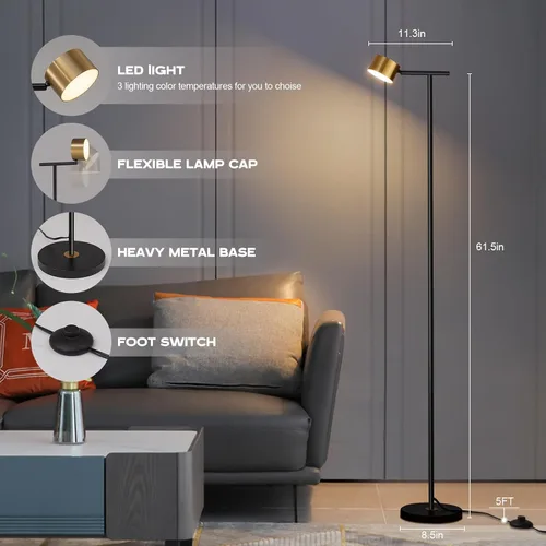 Vista 9 de Lámparas de pie para sala de estar, lámpara de lectura de pie de 3 temperaturas de color con cabezal flexible, moderna lámpara de pie alta