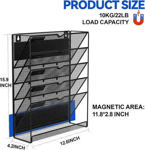 Vista 2 de Archivador magnético de 6 niveles, organizador de archivos sin perforación, soporte magnético negro, soporte de papel magnético para refrigerador