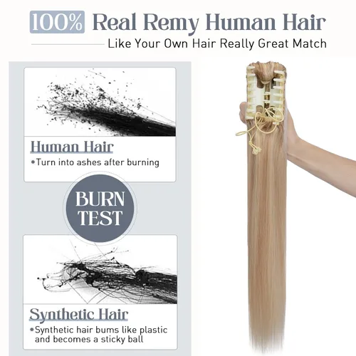 Vista 91 de Rich Choices Extensión de cola de caballo con clip de garra, cabello humano real, una pieza, extensiones de cabello largo Remy para mujer, #18P613