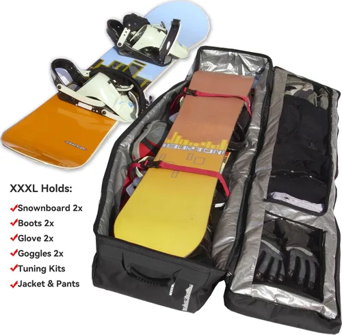 Vista 2 de D900 - Bolsa acolchada de snowboard con ruedas para viajes aéreos, impermeable de 71 pulgadas, gran capacidad para esquís/tablas de snowboard