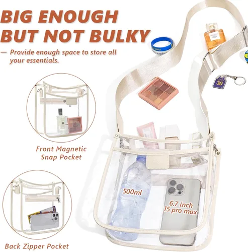 Vista 4 de Bolsa transparente grande de 3 bolsillos para eventos de estadio con 2 correas largas para mujer, bolsa cruzada para conciertos, aprobado