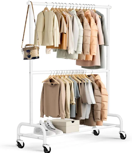 Vista 9 de MISSLO Perchero resistente para ropa con doble varilla para colgar, estante de ropa enrollable, armario de closet con ruedas, metal, ajustable, negro