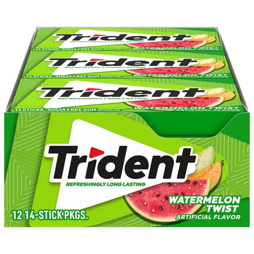 Vista 17 de 12 paquetes de 14 unidades cada uno; es decir, en total son 168 unidades de goma de mascar Trident Bubblegum sin azúcar sabor chicle. Accesorios