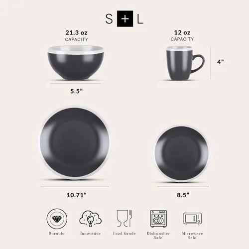Vista 2 de Stone Lain Serenity - Vajilla de gres, servicio para 4, juego de platos y cuencos, vajilla de color gris oscuro y crema, apta para lavavajillas