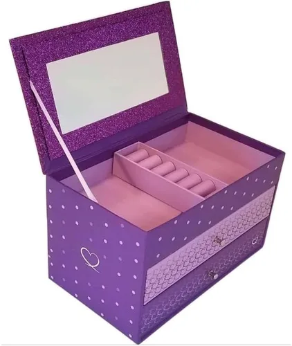 Vista 4 de Joyero morado con purpurina para niñas con espejo y compartimentos, 8.5 x 5 x 5 pulgadas
