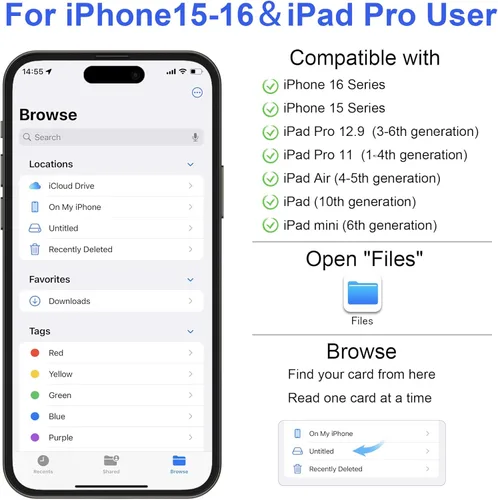 Vista 7 de Lector de tarjetas SD para iPhone, lector de tarjetas de memoria con adaptador USB-C a Lightning, conector plug and play, visor de tarjetas Micro SD