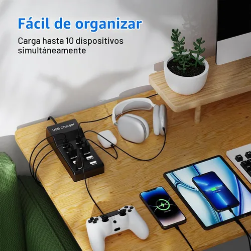 Vista 5 de Bloque de Cargador USB C de 10 Puertos (6 Puertos USB-A y 4 Puertos USB-C), Hub de Cargador Multipuerto de 50W10A para iPhone, Galaxy, iPad y Más