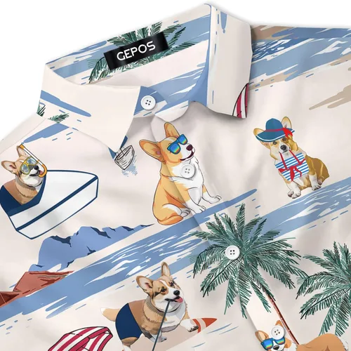 Vista 2 de Camisa hawaiana para hombre, camisa con botones para perro, para vacaciones de verano, camisa de manga corta casual de playa Aloha unisex