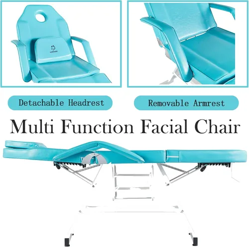 Vista 8 de Silla facial, silla de tatuaje de 73 pulgadas para cliente, mesa de masaje ajustable de 3 secciones con taburete, camas de belleza multiusos