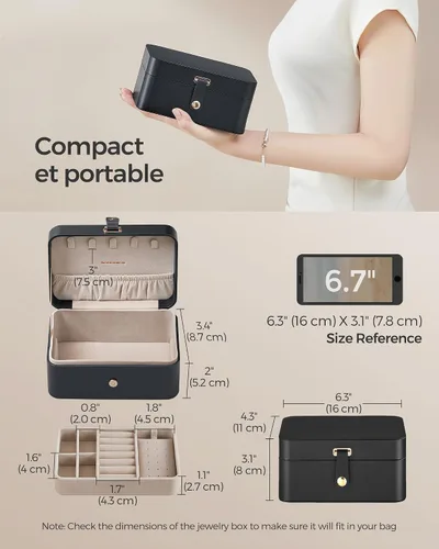 Vista 3 de SONGMICS Joyero de viaje, organizador de joyas de 2 capas, 4.3 x 6.3 x 3.1 pulgadas, portátil, versátil almacenamiento de aretes, para accesorios