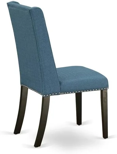 Vista 7 de East West Furniture FLP1T21 Florence Parson Sillas – Juego de 2 sillas de comedor tapizadas de tela de lino azul con ribete de clavo, color negro